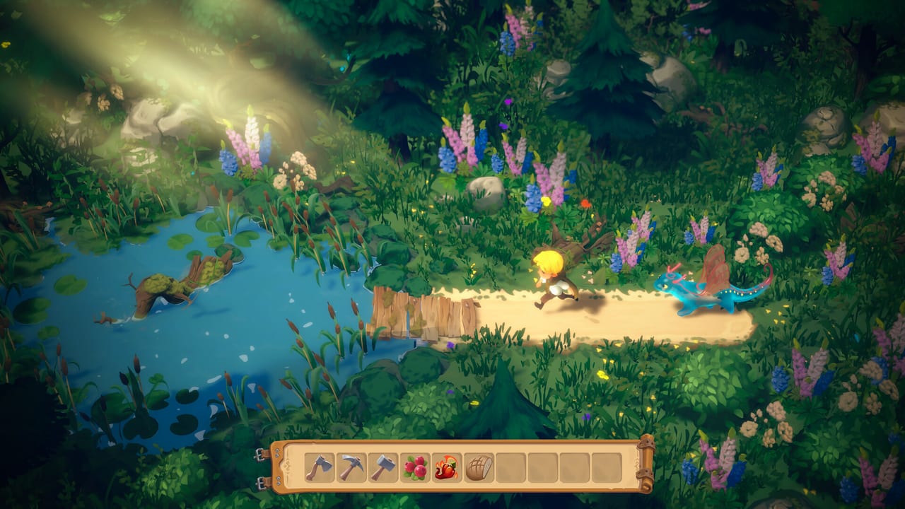 Player and a teal water dragon running a forest path beside a lily pond in Dragon Shelter