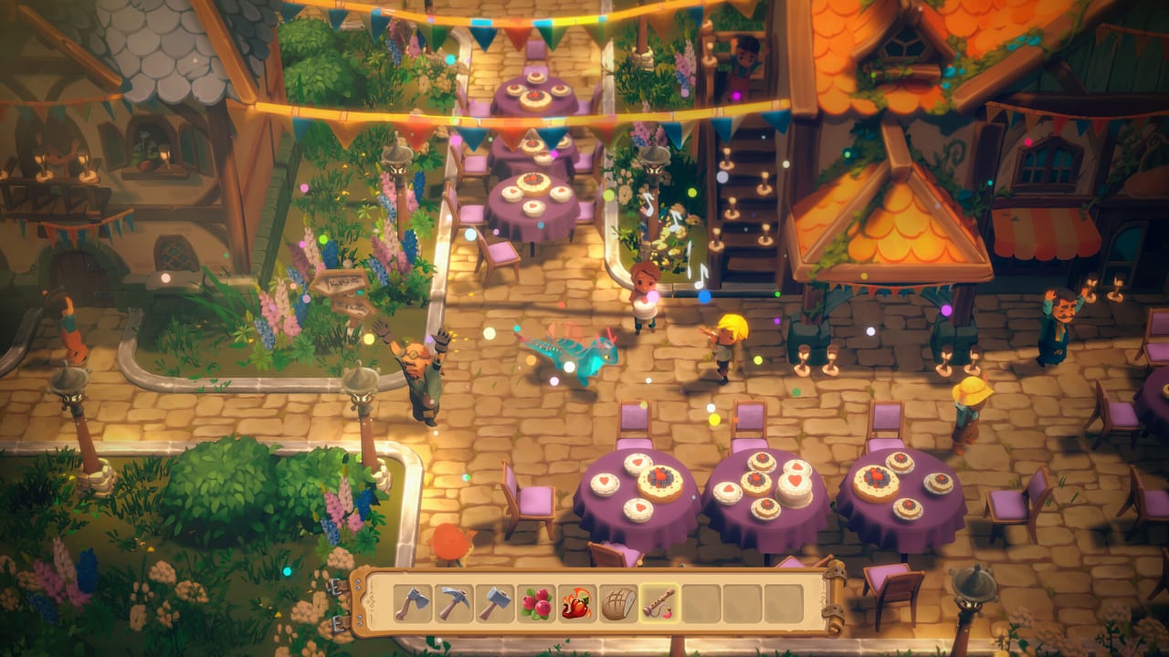Dragon Shelter town festival with banners, cake tables, villagers, and a water dragon in the square